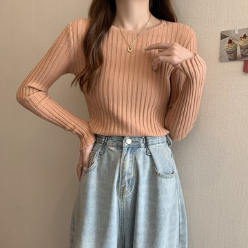 長袖毛衣新款2021爆款坑條紋緊身內搭歐洲站針織打底衫女秋冬洋氣