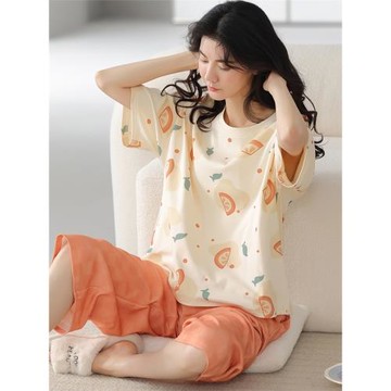 芬騰清倉女士睡衣夏天純棉短袖薄款七分褲家居服套裝女寬松款夏季