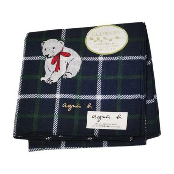 agnes b. 藏青色方格可愛北極熊寶貝品牌LOGO圖騰帕領巾(51CM)