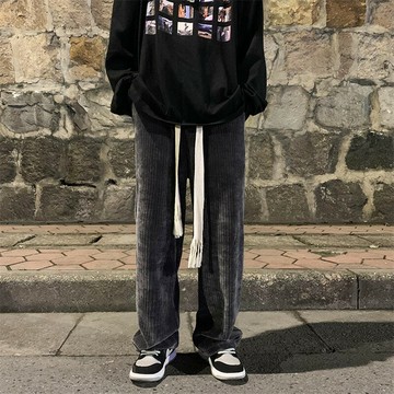 2022秋季高街ins燈芯絨褲子男純色潮韓版潮流寬松直筒闊腿休閑褲