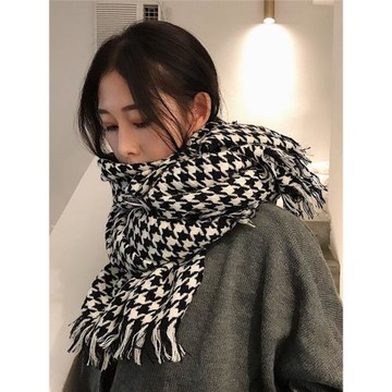 韓版秋冬千鳥格子圍巾女雙面仿羊絨黑白空調大披肩保暖長款圍脖