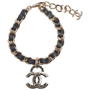 CHANEL 經典大雙C LOGO小羊皮革穿鍊項鍊/頸鍊(黑/金)