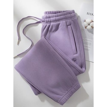 2025新款秋冬加絨運動褲女紫色春秋款拉鏈大碼衛褲女冬季褲子女