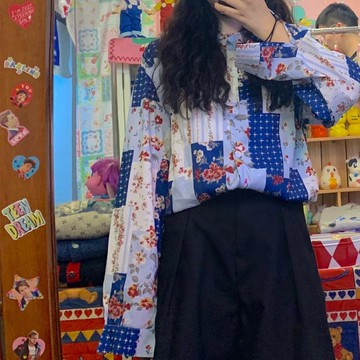 秋裝chic小眾設計感復古印花長袖襯衫女百搭寬松休閑襯衣上衣1入