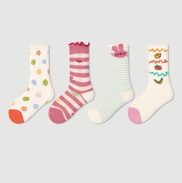 love, charlotte - 點點格子小兔水果派對木耳邊中筒棉襪-4 雙一組