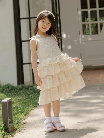 棉質泡泡布細肩綁帶蛋糕花童洋裝