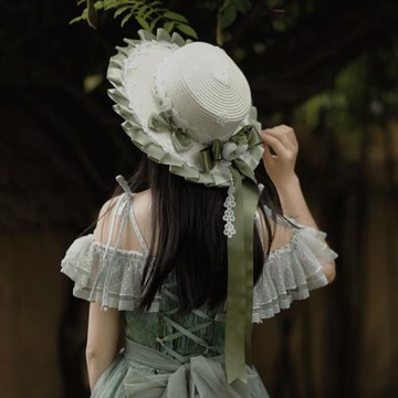 原創田園森女手作油畫平頂帽若草色Lolita草帽蝴蝶結遮陽帽草帽