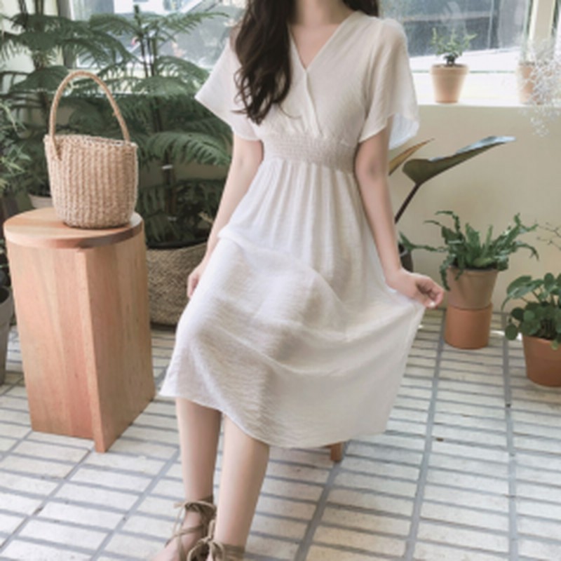 ロングワンピース ワンピース ひざ丈 白ワンピ ハイウエスト 半袖 ホワイト 夏物 夏 シンプル お出かけ デート Vネック 通販 Lineポイント最大1 0 Get Lineショッピング