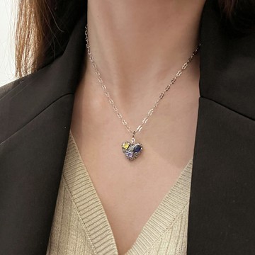 小寶s925純銀復古錘紋肌理多彩鋯石愛心吊墜女僅吊墜側墜項鏈掛墜