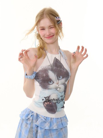 ziziFei夏季設計感貓咪印花白色無袖上衣系帶掛脖針織吊帶背心女