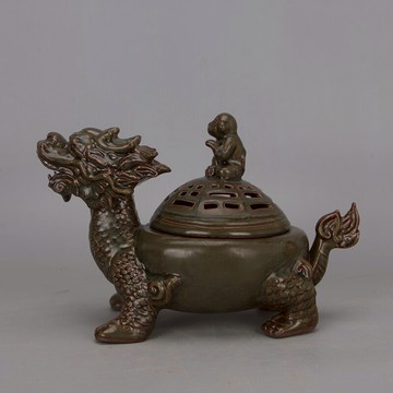 宋 越窯青釉麒麟鏤空封侯香爐 仿古瓷器手工瓷舊貨家居裝飾擺件