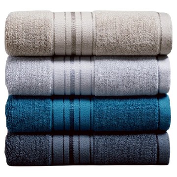 星紅織品 奢華風緞檔厚感重磅純棉毛巾 4件組  深灰色 + 淺灰色 + 淺咖色 + 靛藍色  1組