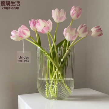優購生活~北歐玻璃花瓶透明豎紋創意客廳臥室民宿餐桌擺件插花鮮花玫瑰水養咖啡廳 咖啡店 甜品店 擺件 裝飾 網美 自拍 藝術