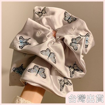 ✨臺灣出貨✨【飾飾如意】新中式緞面重工刺繡蝴蝶方巾大腸髮圈女高級感超大號髮飾發繩頭繩