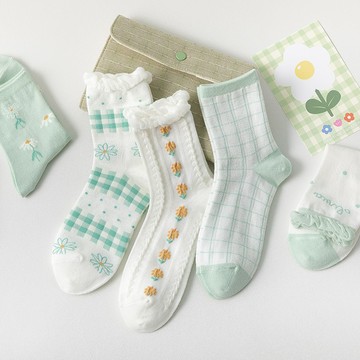 襪子 女襪 春夏季日系lolita蕾絲襪 綠色清新JK可愛格子中筒襪 ins潮棉襪