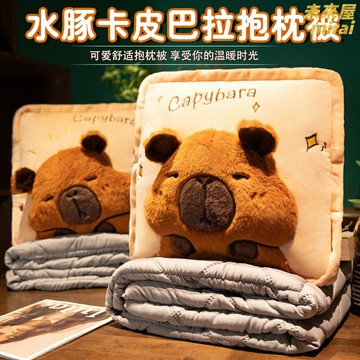 【一枕多用】水豚抱枕 午睡枕 冷氣毯 摺疊被 靠墊 辦公室午休神器 加厚法蘭絨 兩用設計 汽車旅行必備