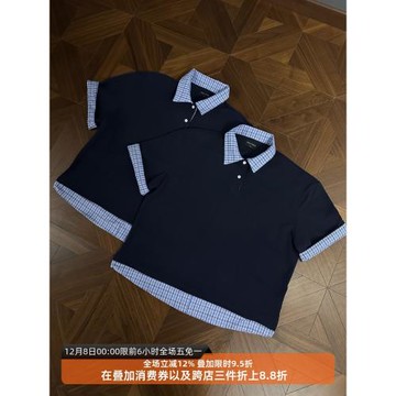 RTIMFD 藏藍色格紋假兩件polo領短袖襯衫cleanfit短寬夏高級感T恤