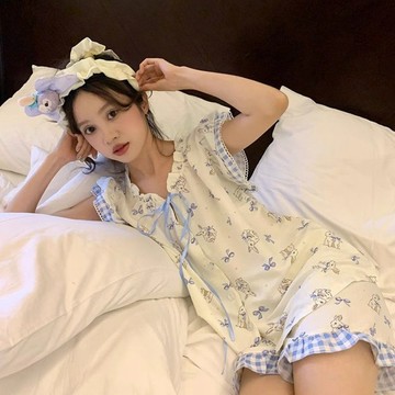 超舒服☁️⁠⁠⁠⁠夏季新款甜美格紋花邊睡衣女 可愛小兔印花短袖短褲套裝 家居服 寬鬆舒適睡衣 兩件套居家服