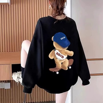 La Belleza圓領滑板小熊印花複合棉寶寶絨內裡加絨加厚長版寬鬆衛衣T恤