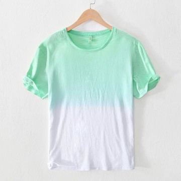 夏季男士亞麻短袖T恤圓領漸變色半袖衫日系青年休閑寬松體恤汗衫T