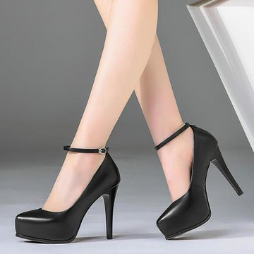 黑色真皮高跟鞋女圓頭職業正裝工作鞋防水臺細粗跟一字扣走秀單鞋