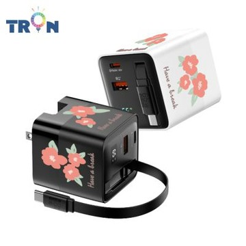 24H快速出貨 TRON GaN PD65W 自帶線急速充電器 白 平塗手繪花 電源供應器