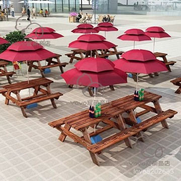 宅配免運😊戶外桌椅組閤奶茶燒烤店庭院室外食堂連體餐桌椅帶傘公園實木防腐