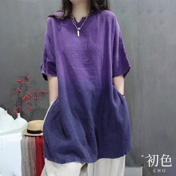 初色 復古寬鬆遮肉顯瘦素色休閒開叉短袖T恤上衣-共2色-35289(M-2XL可選)