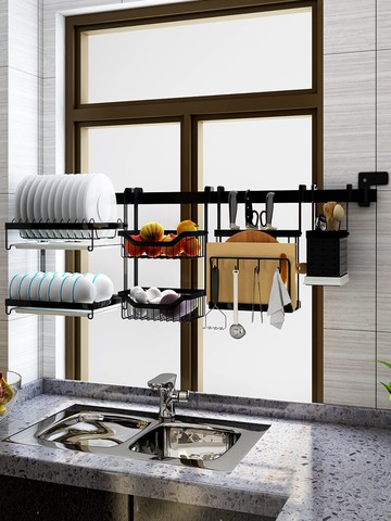 知博廚房置物架壁掛架不銹鋼墻跨窗黑色瀝水碗架調料免孔刀架收納