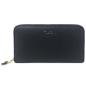 【Alviero Martini 義大利地圖包】典雅簡約 素面LOGO拉鍊長夾-黑色