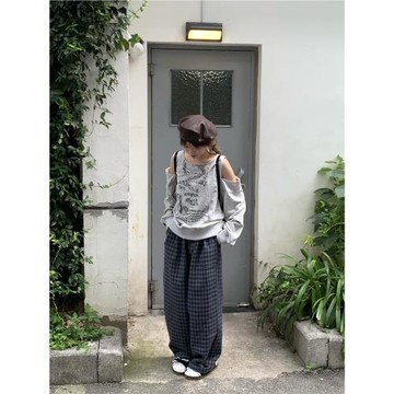 拒絕吃藕 復古百搭格子褲女秋冬寬松休閑高腰直筒長褲顯瘦拖地褲