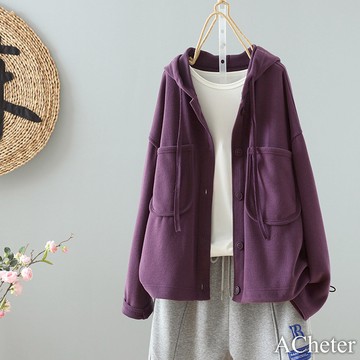 【ACheter】棉外套純色大口袋連帽抽繩長袖寬鬆百搭中長# 120820 (現貨+預購)