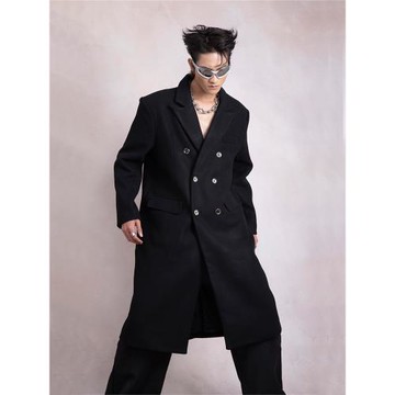 PLAN1ONE立體解構墊肩毛呢大衣潮流英倫高級感簡約長款過膝風衣潮