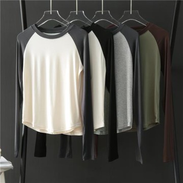 美式復古插肩袖撞色T恤女2025秋季長袖圓領拼色減齡港位上衣 潮