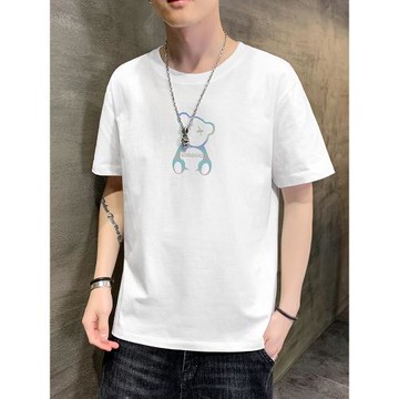 白色t恤男純棉短袖小熊印花上衣服夏季寬松潮牌潮流全棉半袖男生