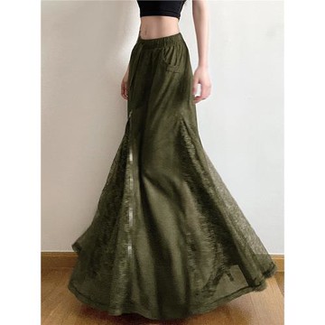 IUAE「綠野救贖」復古vintage長裙女拉鏈蕾絲拼接直筒小眾半身裙