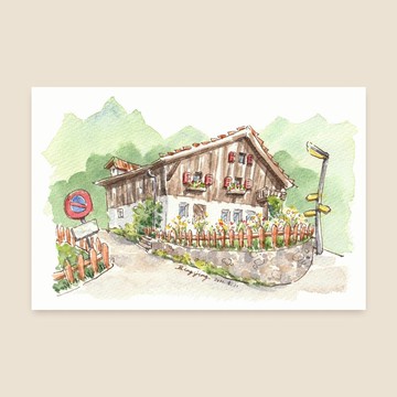 瑞士阿爾卑斯小木屋 水彩旅行明信片單張