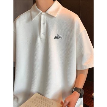 白色翻領t恤男高級感短袖polo衫夏季男生半袖體恤青少年男裝上衣