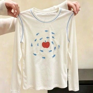 顯瘦大尺碼長袖T恤 純棉蘋果印花撞色明線 寬鬆oversize 秋季女裝 微胖穿搭 2026秋季新款