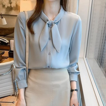 春秋新款領結藍色襯衫女洋氣長袖襯衣複古港味設計感小衆上衣女裝長袖 襯衫 女 寬鬆襯衫