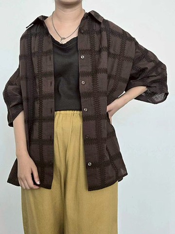 格紋花邊線條刺繡寬袖設計翻領襯衫(0F001035710) - Samansa Mos2