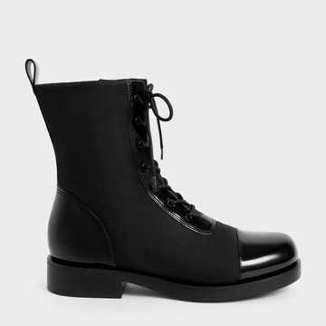 漆皮拼接綁帶靴