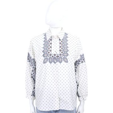 Max Mara-WEEKEND ADDA 藍白幾何圖騰 寬鬆下擺長袖純棉府綢襯衫