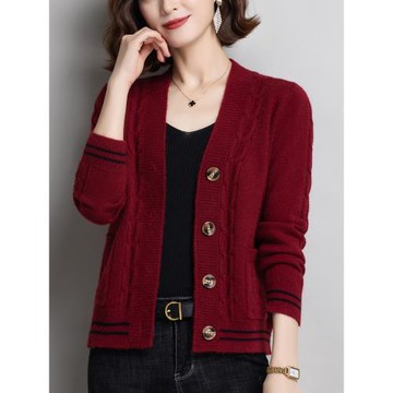 羊毛開衫女高端羊毛春秋短款紅色毛衣外搭媽媽裝洋氣外套針織衫