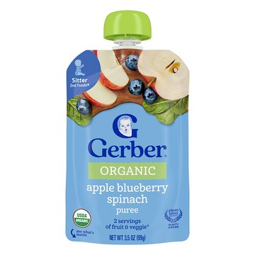 Gerber, 有機果泥，第 2 階段輔食®，蘋果藍莓菠菜，3.5 盎司（99 克）