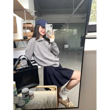 polo韓系復古灰色慵懶長袖針織衫