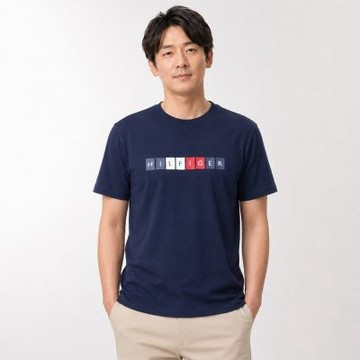 TOMMY 熱銷印刷文字圖案短袖T恤-深藍色