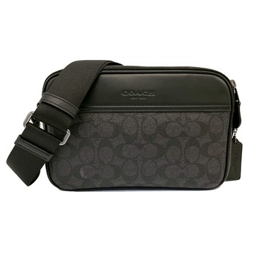 【COACH】新款C LOGO中性男款雙層斜背郵差包(黑灰)