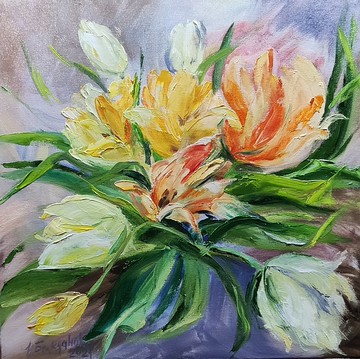 春天鬱金香原畫鮮豔的色彩綻放花束歡快的藝術