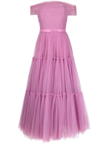Ana Radu - off-shoulder tiered flared gown - women - Polyester/Polyester - XL - Purple